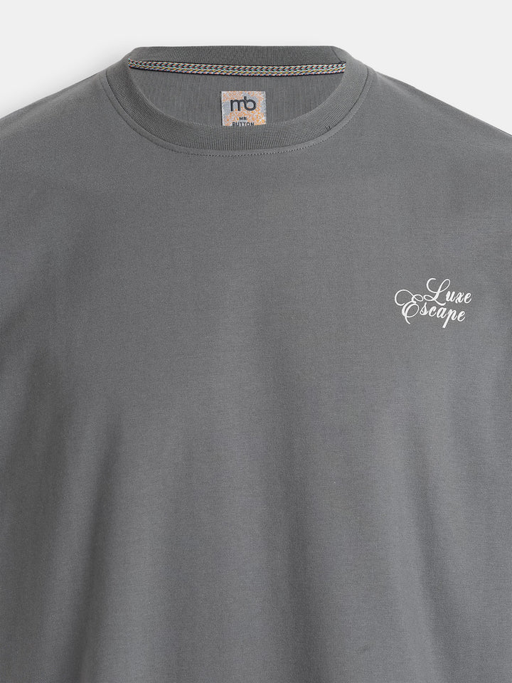 Grey Cotton Boxy Fit Printed Round Neck T-Shirt