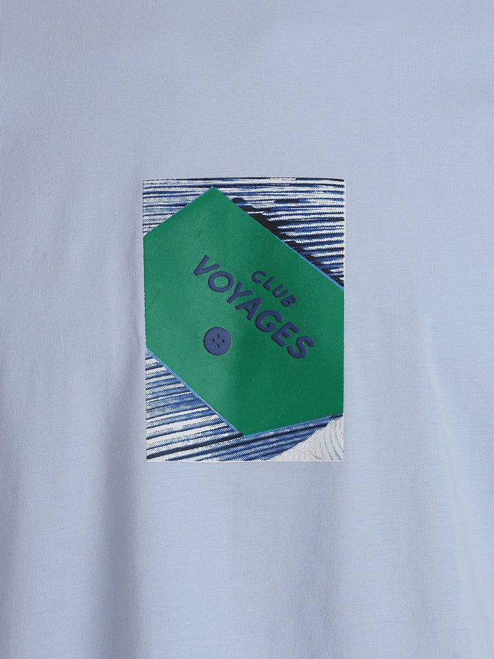 Blue Cotton Lycra Regular Fit Printed Round Neck T-Shirt