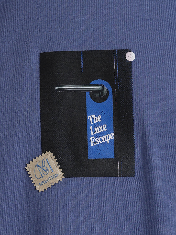 Blue Cotton Boxy Fit Printed Round Neck T-Shirt