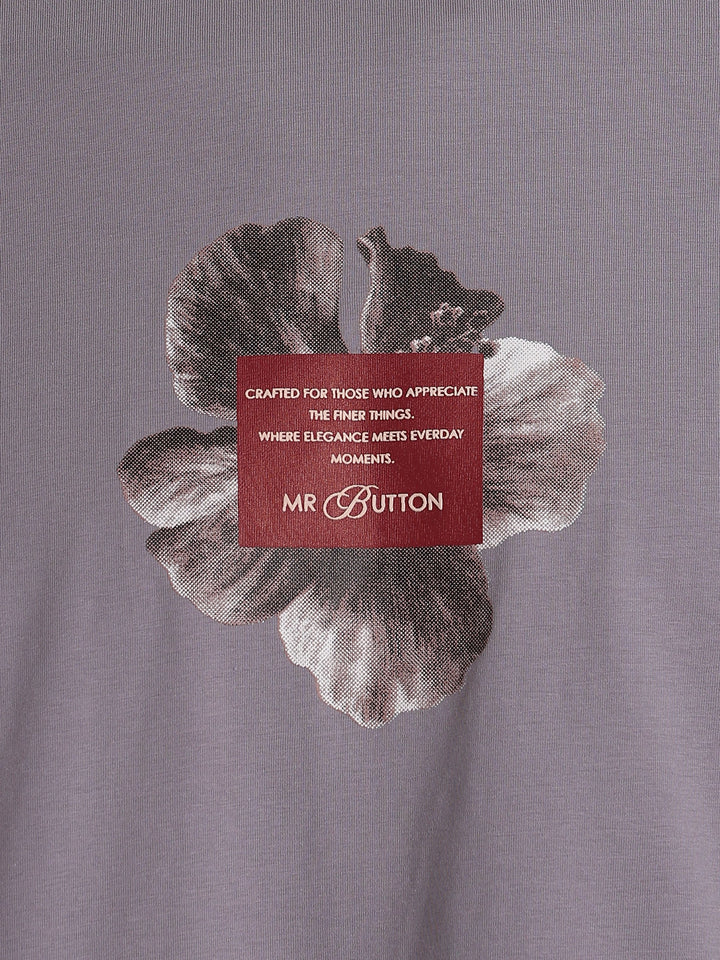 Purple Cotton Lycra Regular Fit Printed Round Neck T-Shirt
