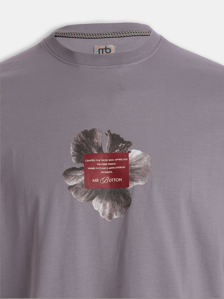 Purple Cotton Lycra Regular Fit Printed Round Neck T-Shirt