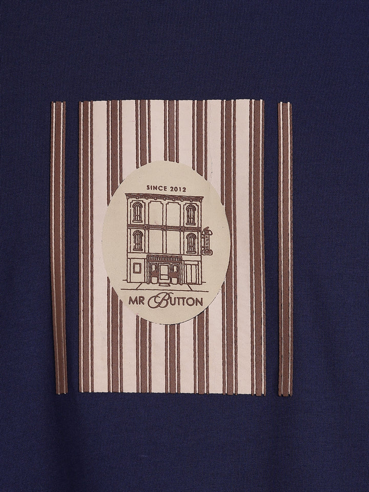 Dark  Blue Cotton Boxy Fit Printed Round Neck T-Shirt