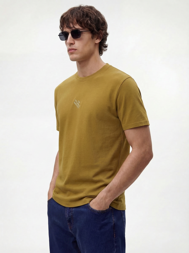 Olive Cotton Boxy Fit Printed Round Neck T-Shirt