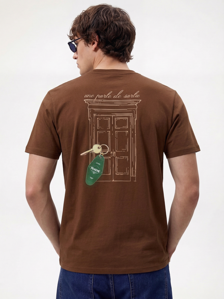 Brown Cotton Boxy Fit Printed Round Neck T-Shirt
