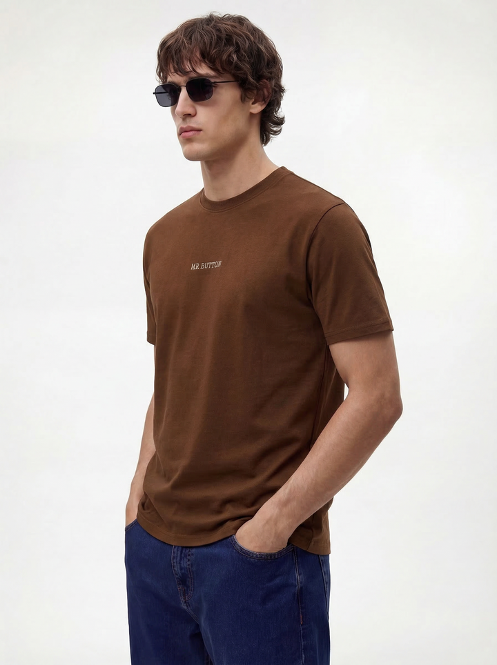 Brown Cotton Boxy Fit Printed Round Neck T-Shirt
