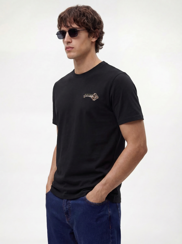 Grey Cotton Lycra Regular Fit Printed Round Neck T-Shirt