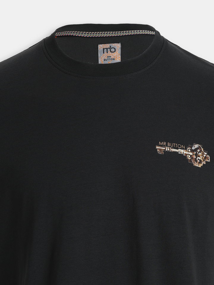 Grey Cotton Lycra Regular Fit Printed Round Neck T-Shirt