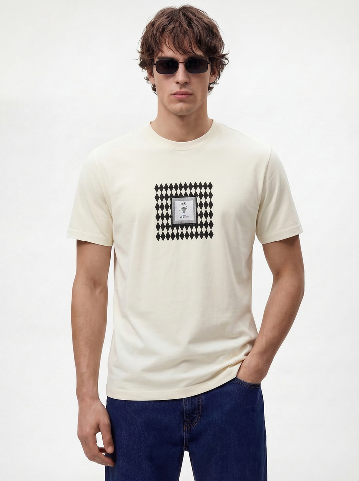 Cream Cotton Lycra Regular Fit Flock Round Neck T-Shirt