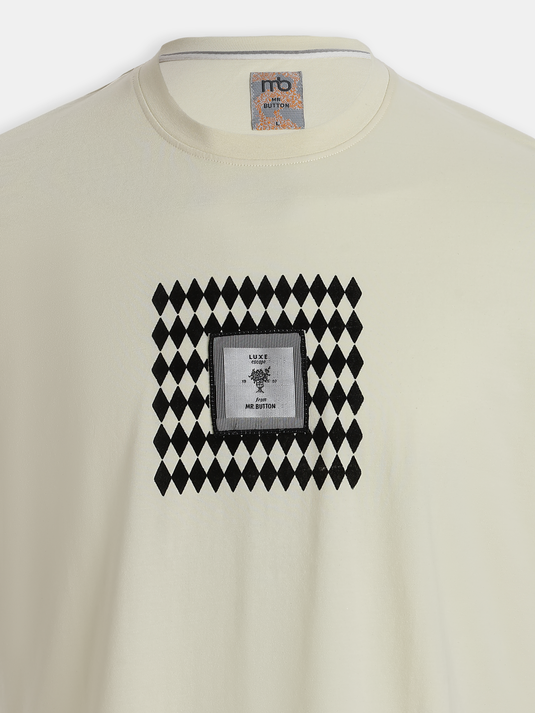 Cream Cotton Lycra Regular Fit Flock Round Neck T-Shirt