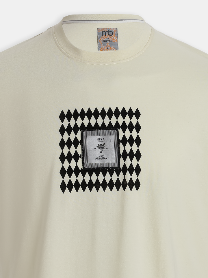 Cream Cotton Lycra Regular Fit Flock Round Neck T-Shirt