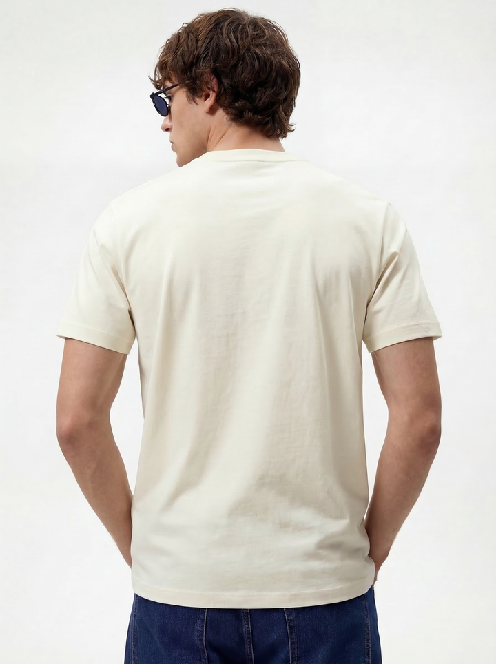 Cream Cotton Lycra Regular Fit Flock Round Neck T-Shirt