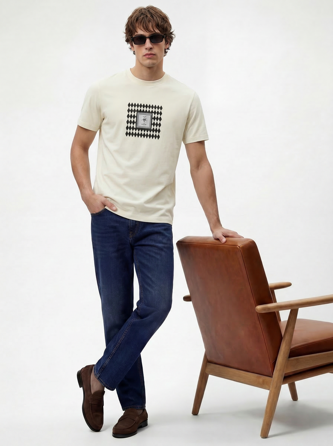 Cream Cotton Lycra Regular Fit Flock Round Neck T-Shirt
