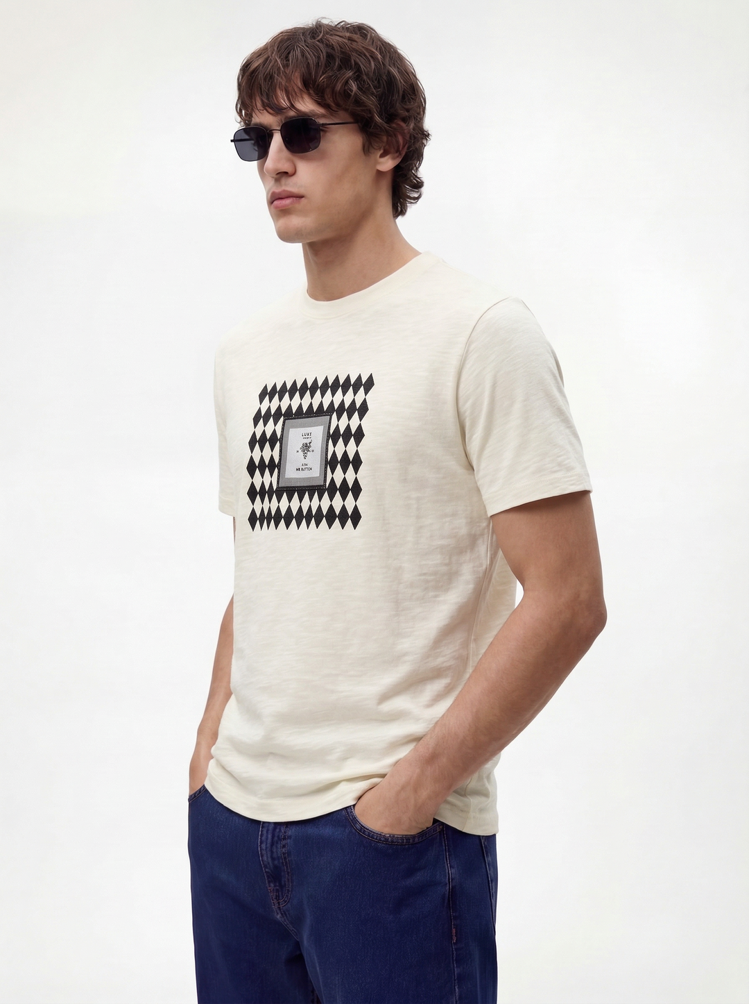 Cream Cotton Lycra Regular Fit Flock Round Neck T-Shirt