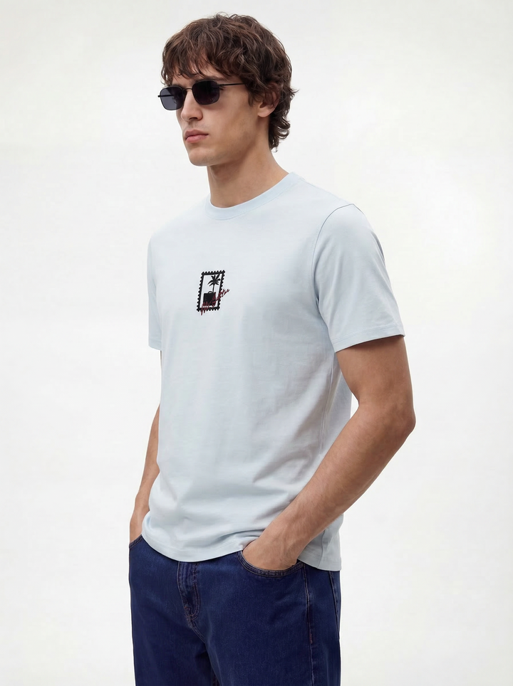 Blue Cotton Lycra Regular Fit Embrioded Round Neck T-Shirt