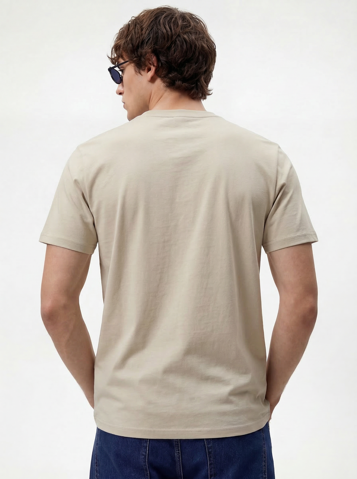 Beige Cotton Lycra Regular Fit Printed Round Neck T-Shirt