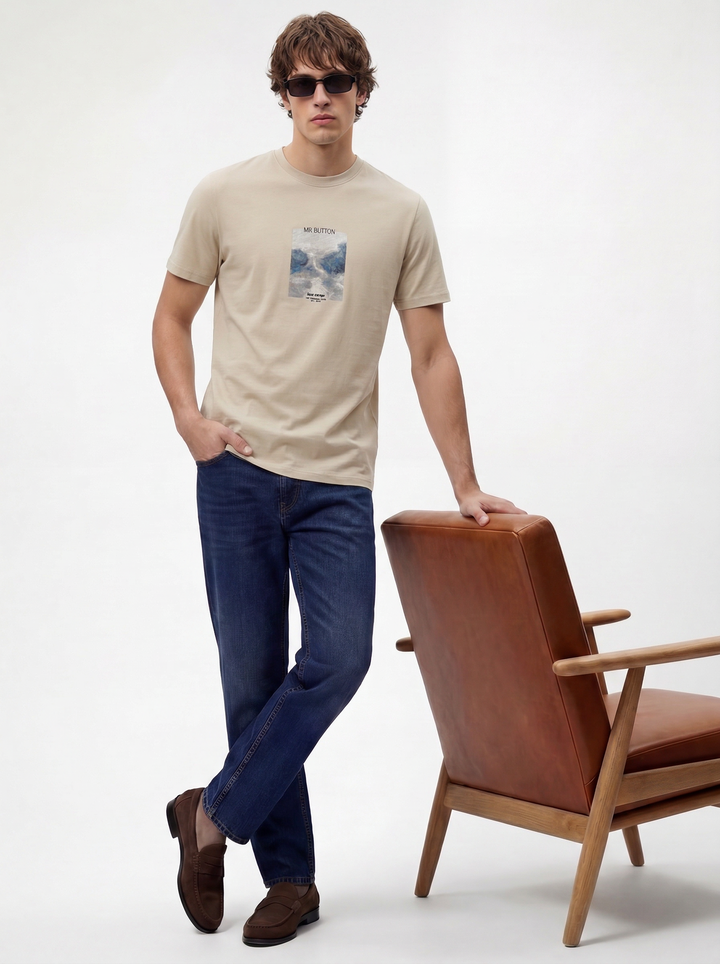 Beige Cotton Lycra Regular Fit Printed Round Neck T-Shirt