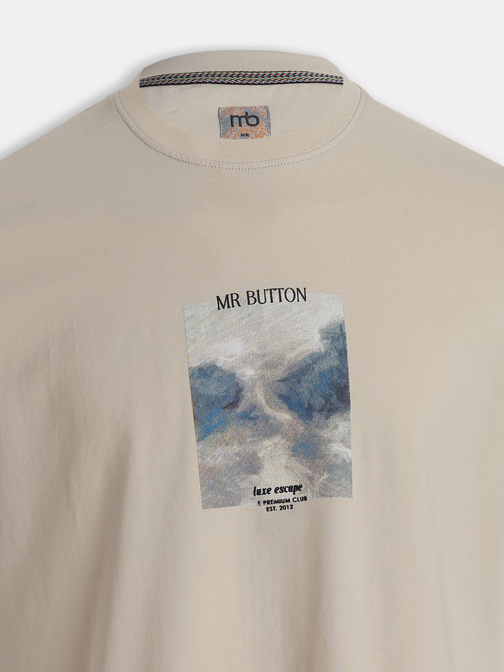 Beige Cotton Lycra Regular Fit Printed Round Neck T-Shirt