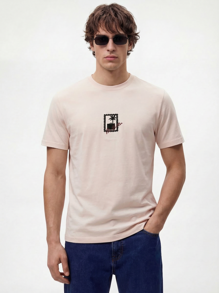 Lite Pink Cotton Lycra Regular Fit Embrioded Round Neck T-Shirt