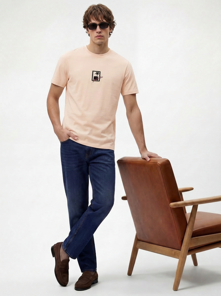 Lite Pink Cotton Lycra Regular Fit Embrioded Round Neck T-Shirt