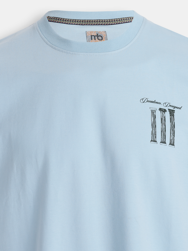Blue Cotton Boxy Fit Printed Round Neck T-Shirt
