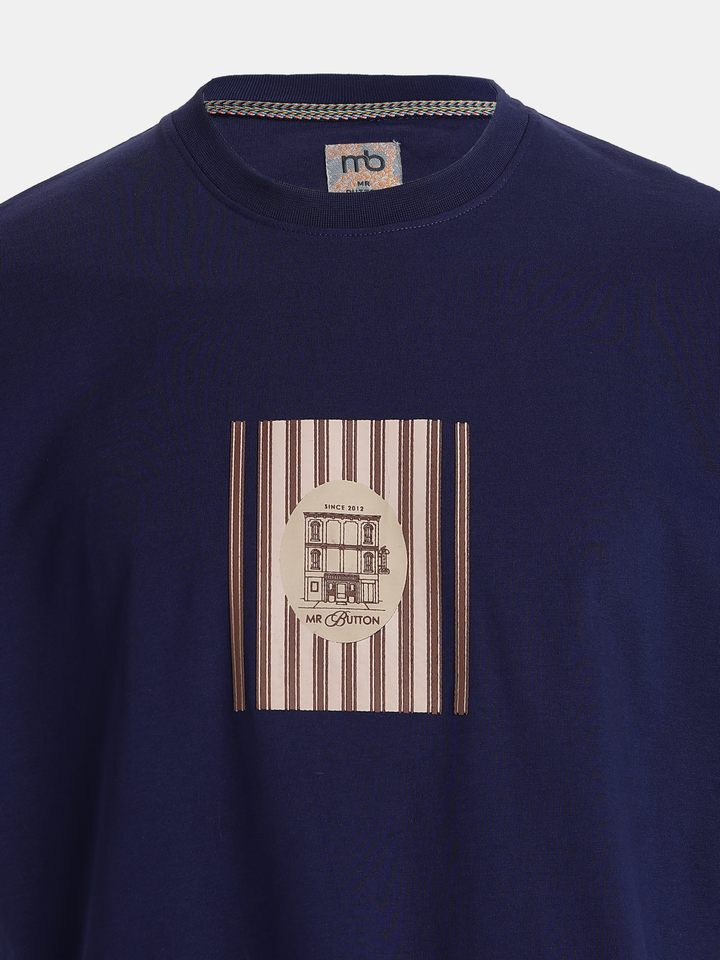 Dark  Blue Cotton Boxy Fit Printed Round Neck T-Shirt