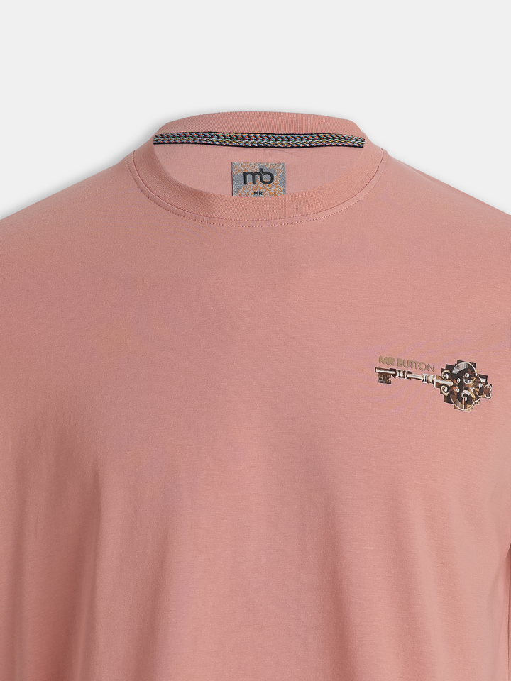 Pink Cotton Lycra Regular Fit Printed Round Neck T-Shirt