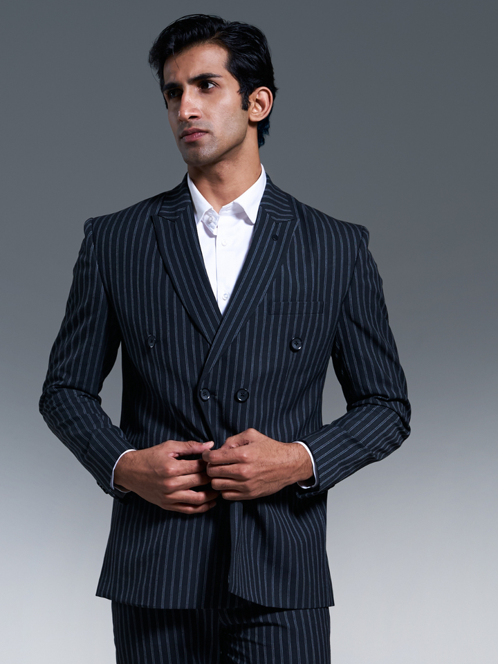 Black Striped Slim Fit Lapel Collar Double Breasted Causal Blazer