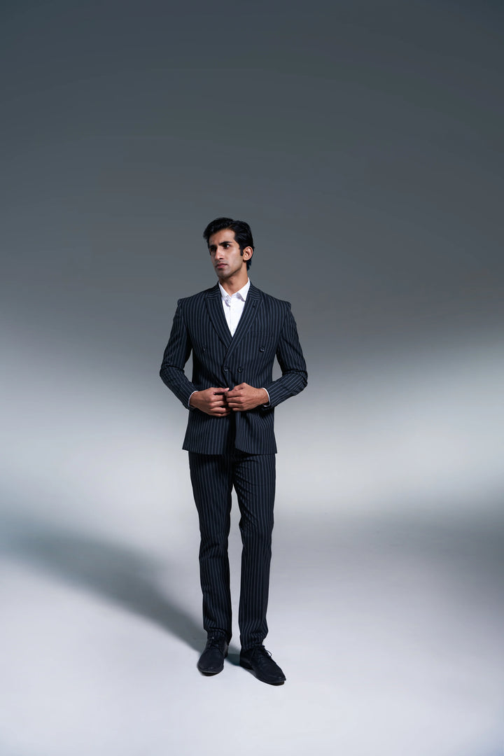Black Striped Slim Fit Lapel Collar Double Breasted Causal Blazer