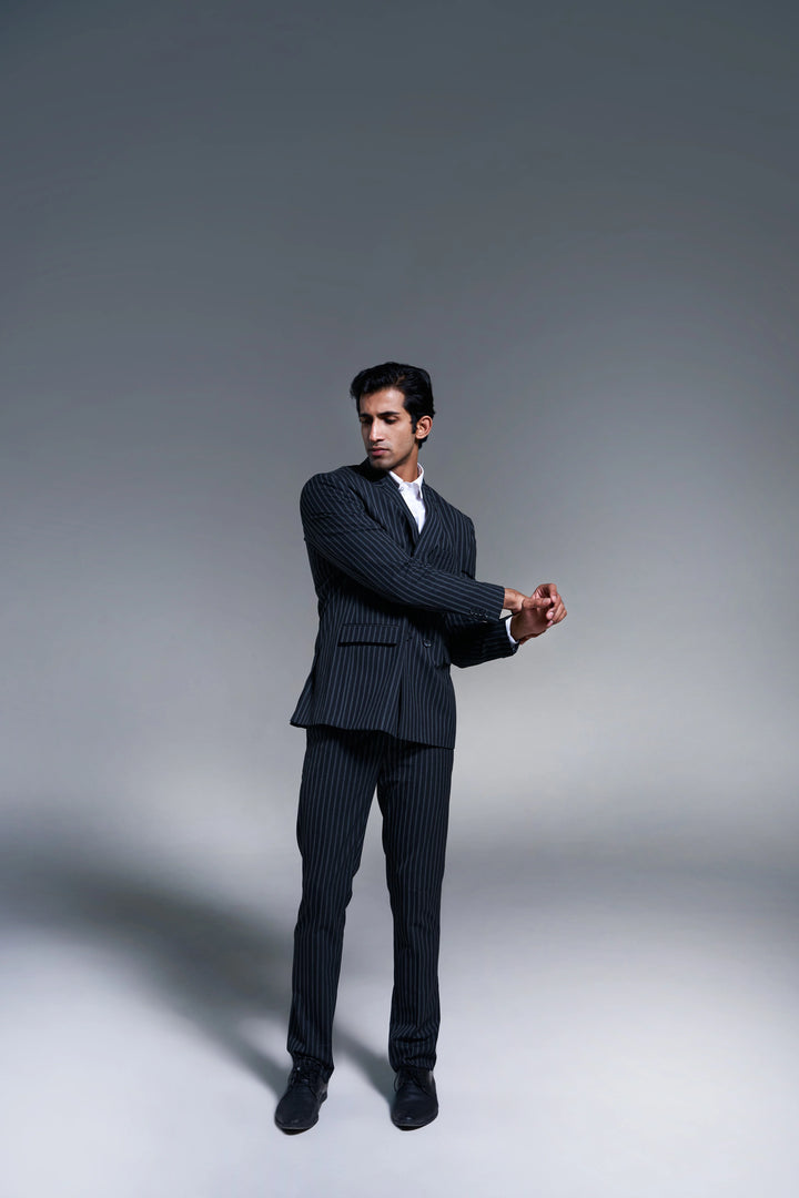 Black Striped Slim Fit Lapel Collar Double Breasted Causal Blazer