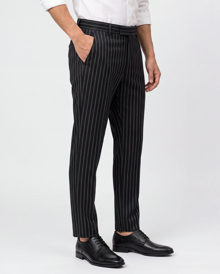 Black Slim Fit Striped  Formal Trouser
