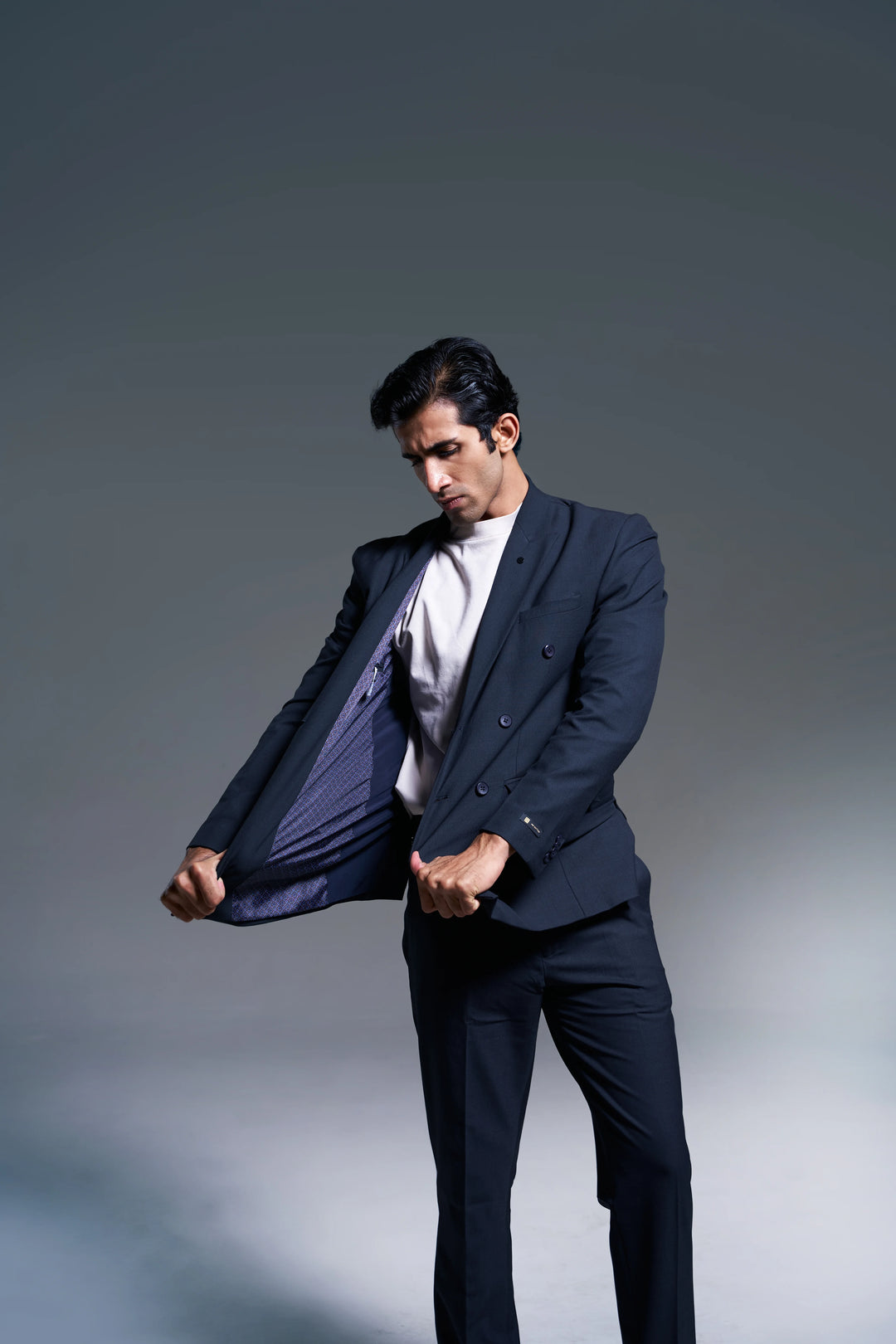 Navy Checked Slim Fit Lapel Collar Double Breasted Casual Blazer