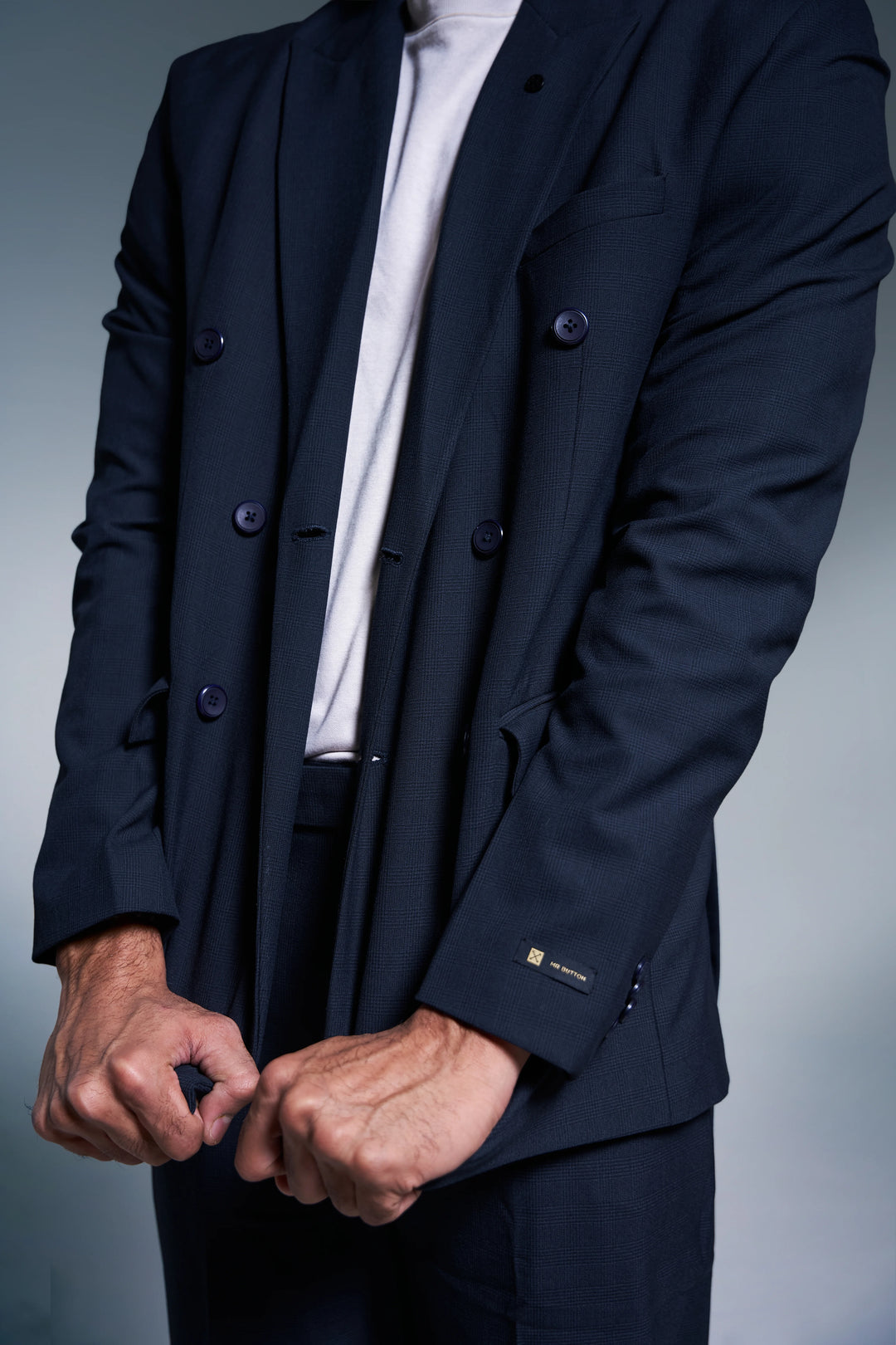 Navy Checked Slim Fit Lapel Collar Double Breasted Casual Blazer