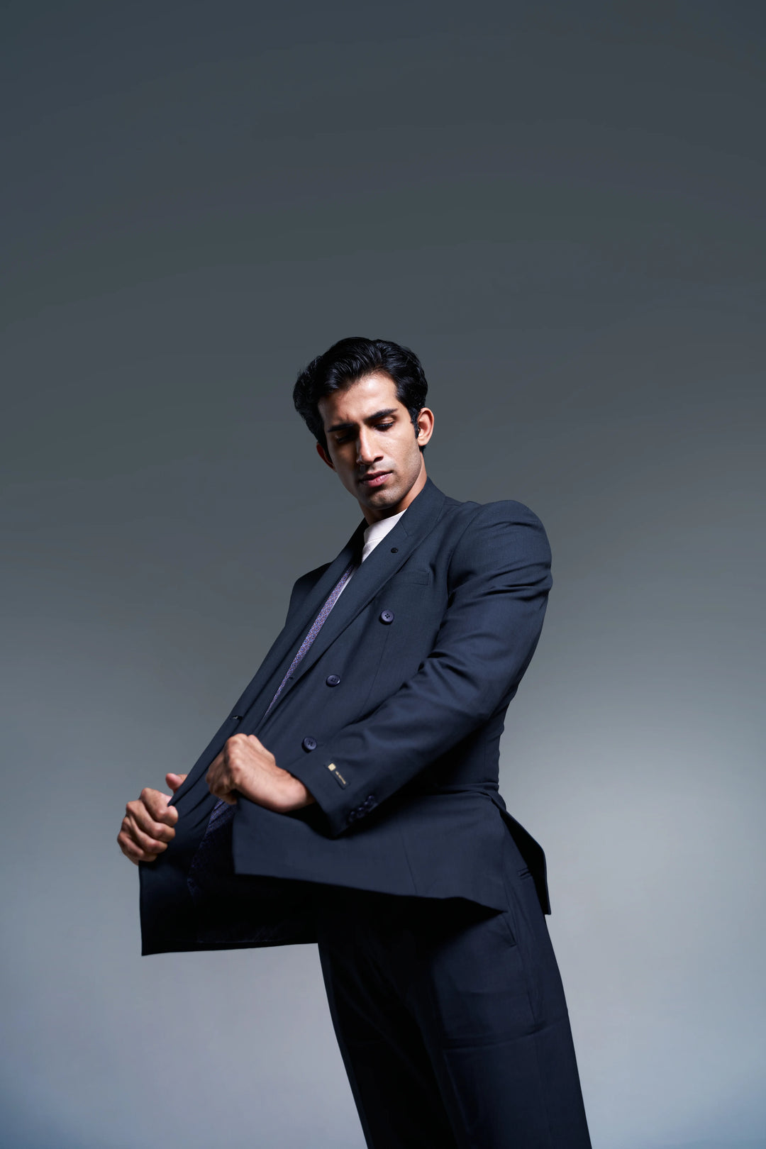 Navy Checked Slim Fit Lapel Collar Double Breasted Casual Blazer