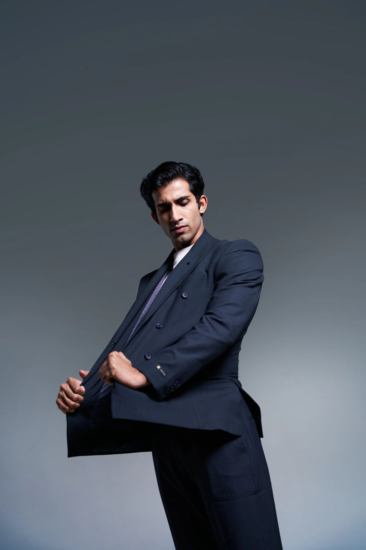 Navy Checked Slim Fit Lapel Collar Double Breasted Casual Blazer
