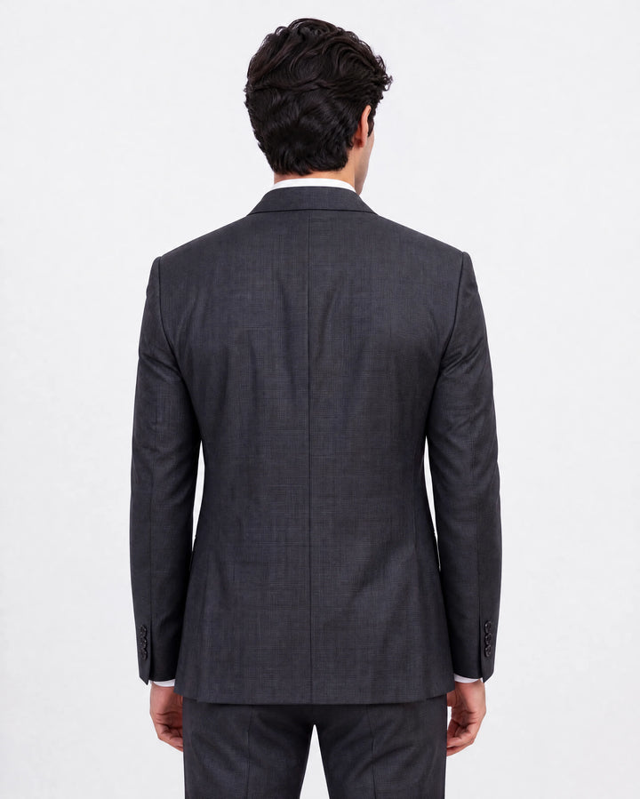 Navy Checked Slim Fit Lapel Collar Double Breasted Casual Blazer