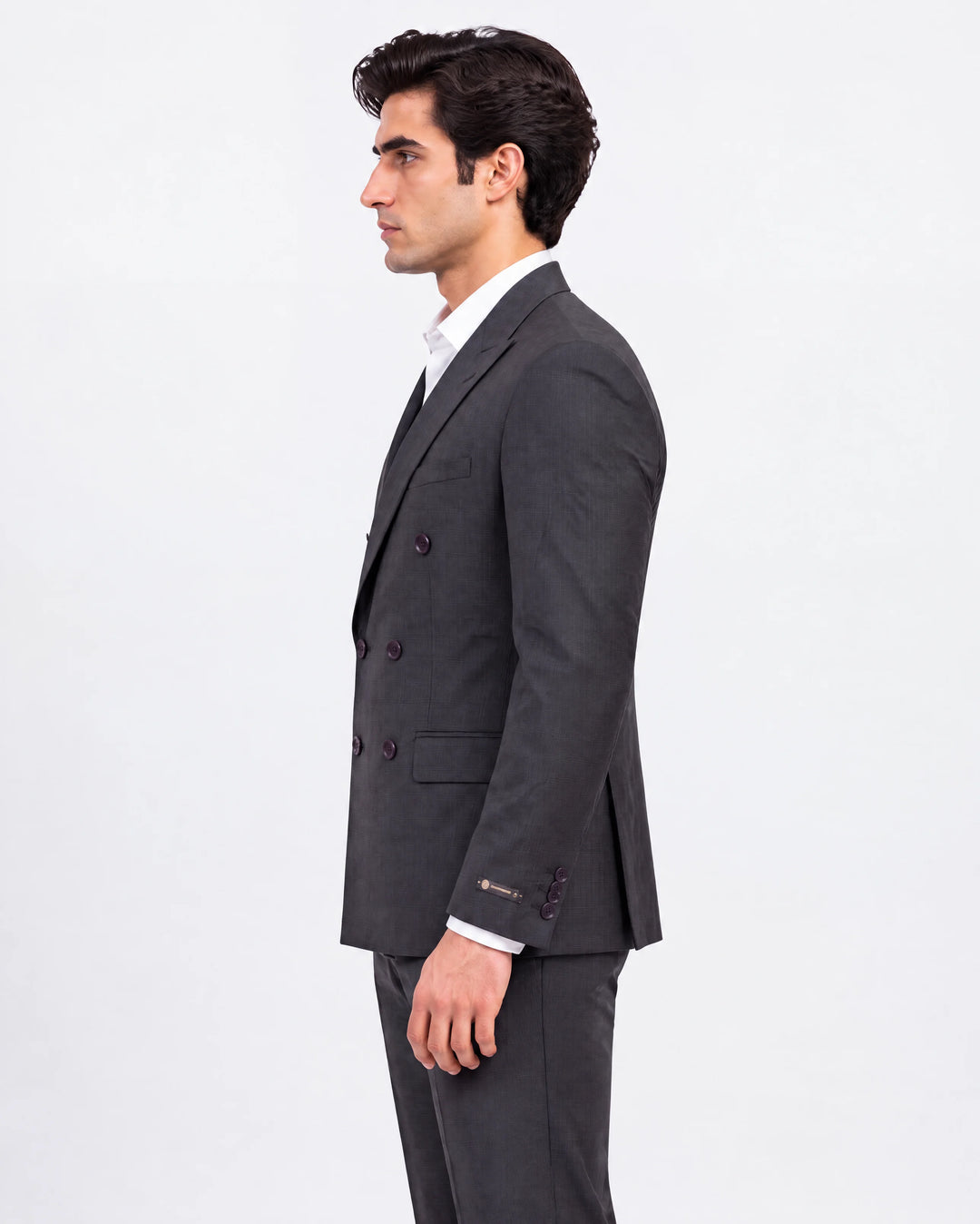 Navy Checked Slim Fit Lapel Collar Double Breasted Casual Blazer