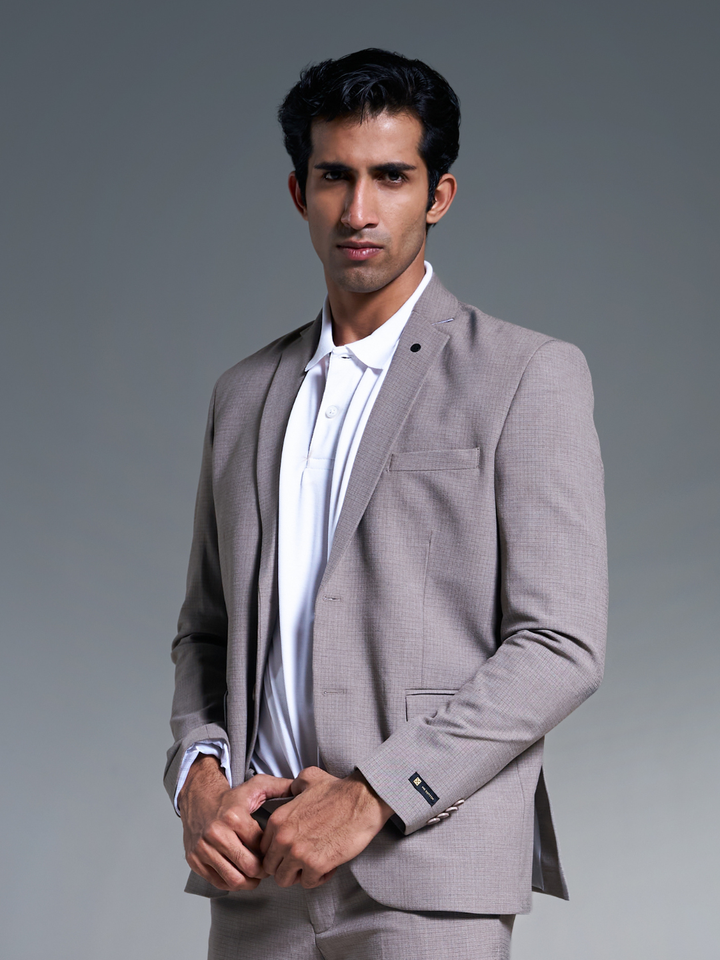 Brown Checked Slim Fit Lapel Collar Basic Suit Casual Blazer