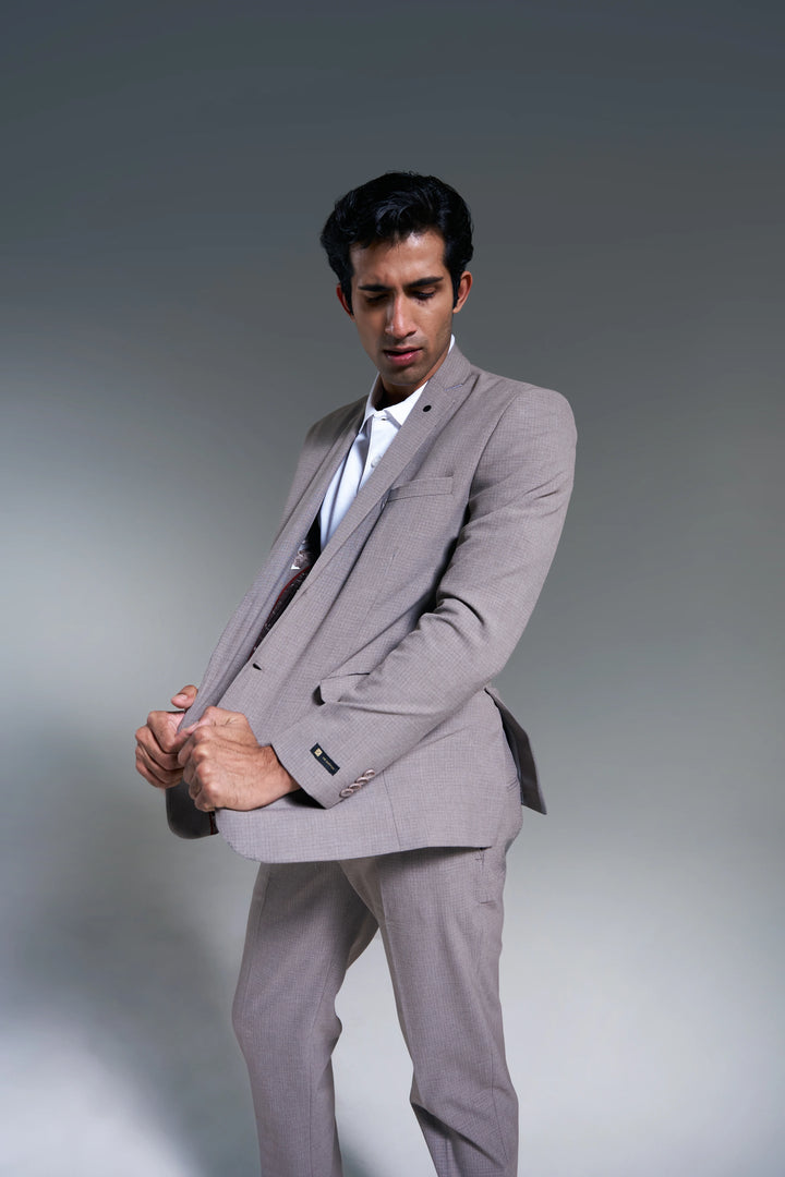 Brown Checked Slim Fit Lapel Collar Basic Suit Casual Blazer