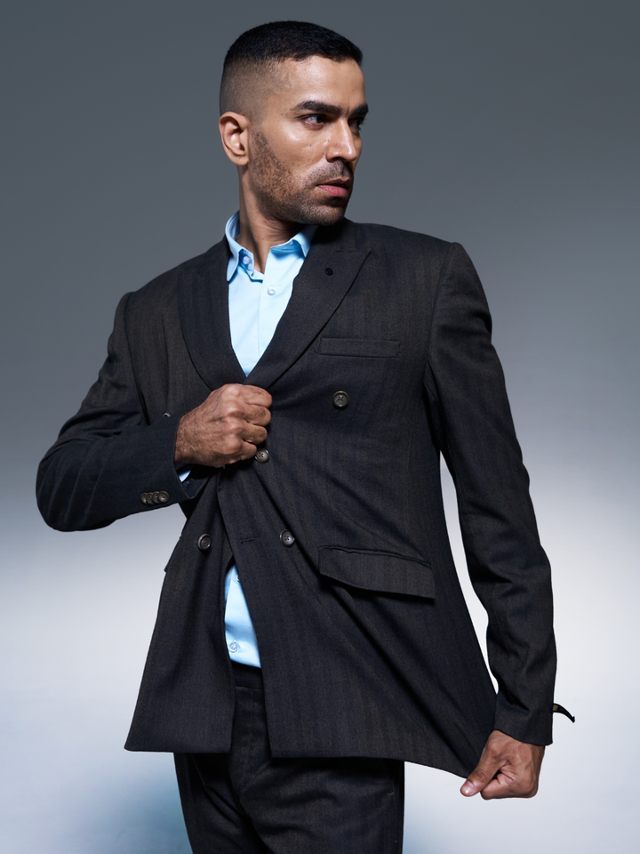 Dark Brown Solid Slim Fit Lapel Collar Double Breasted Casual Blazer