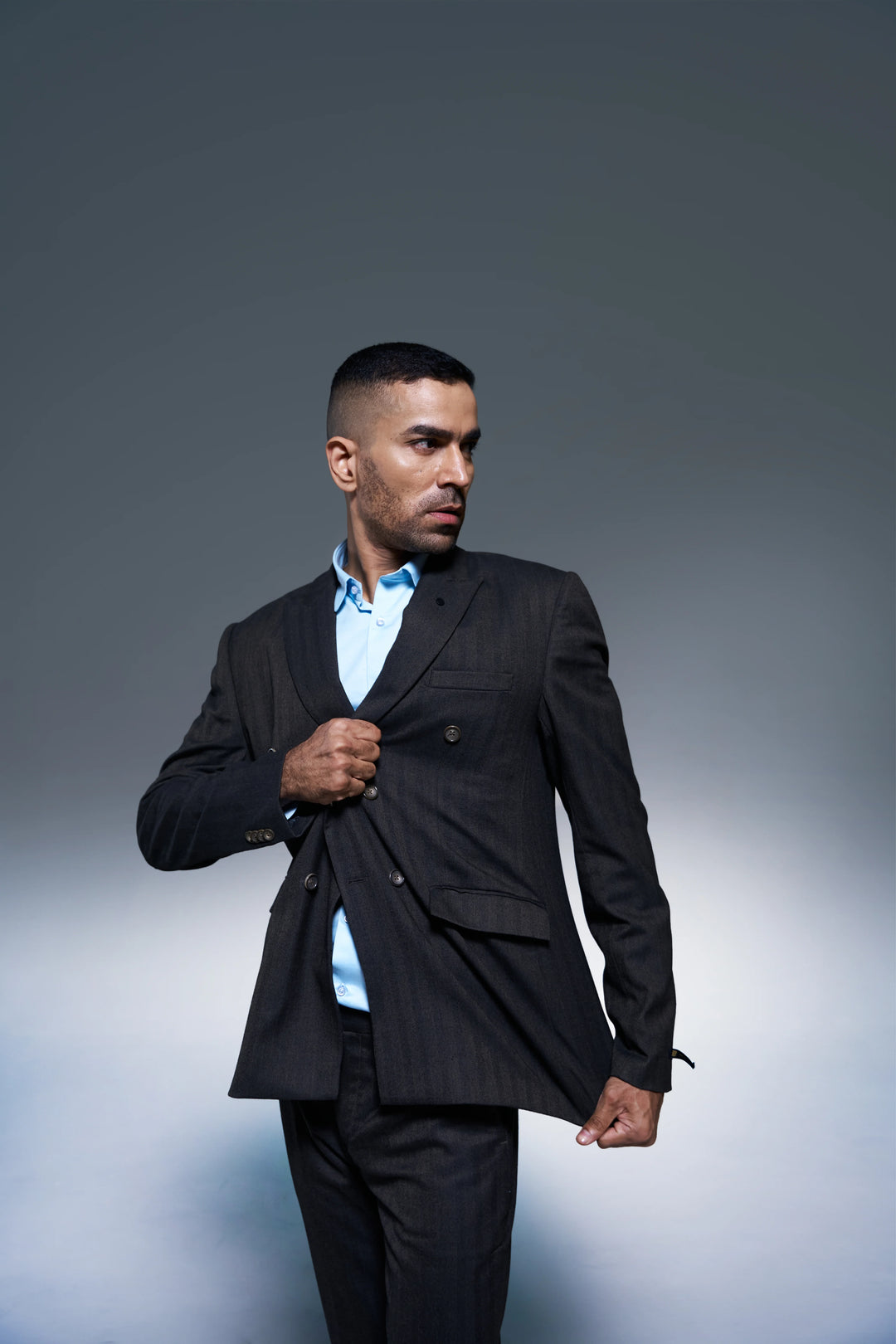 Dark Brown Solid Slim Fit Lapel Collar Double Breasted Casual Blazer