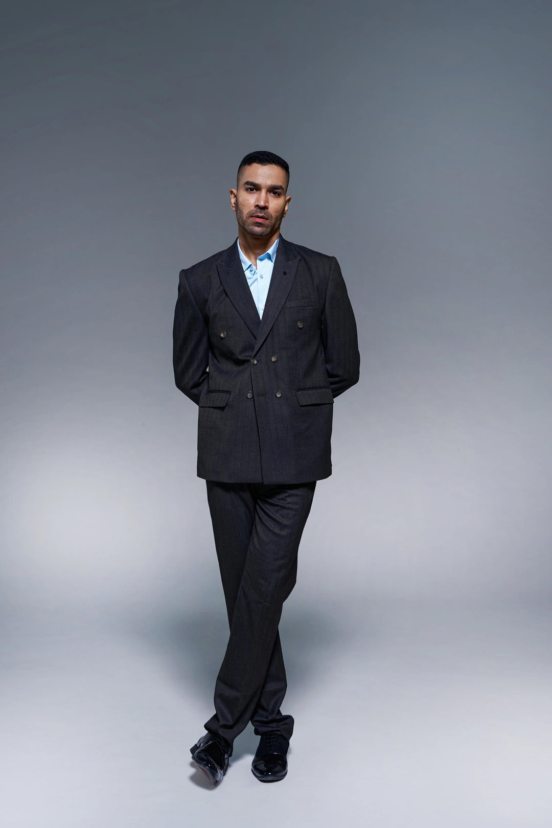 Dark Brown Solid Slim Fit Lapel Collar Double Breasted Casual Blazer