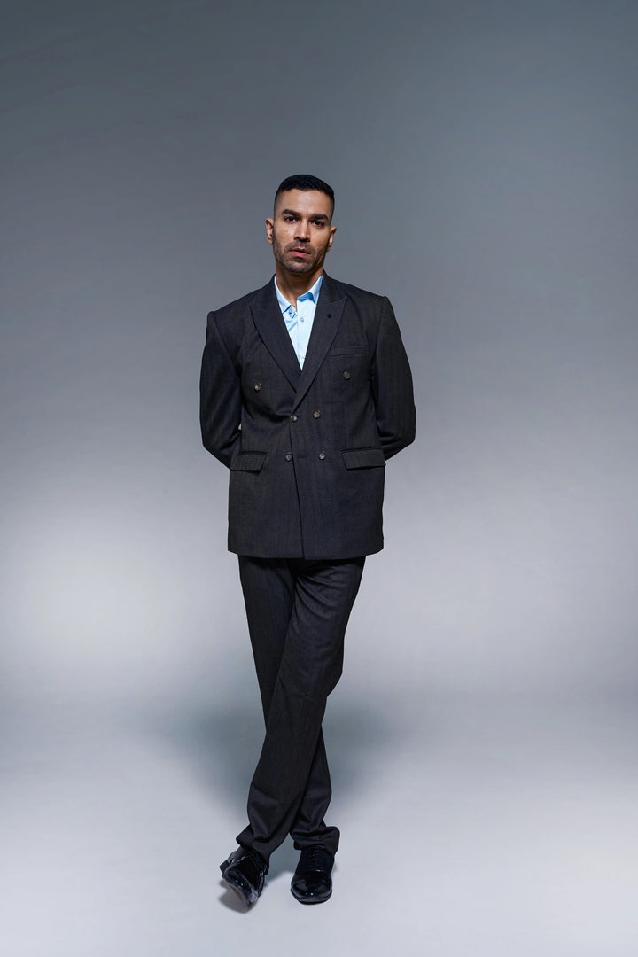 Dark Brown Solid Slim Fit Lapel Collar Double Breasted Casual Blazer
