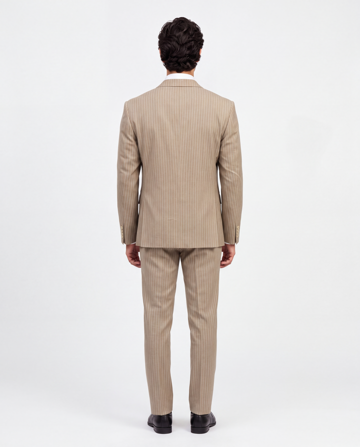 Fawn Striped Slim Fit Lapel Collar Double Breasted Casual Blazer