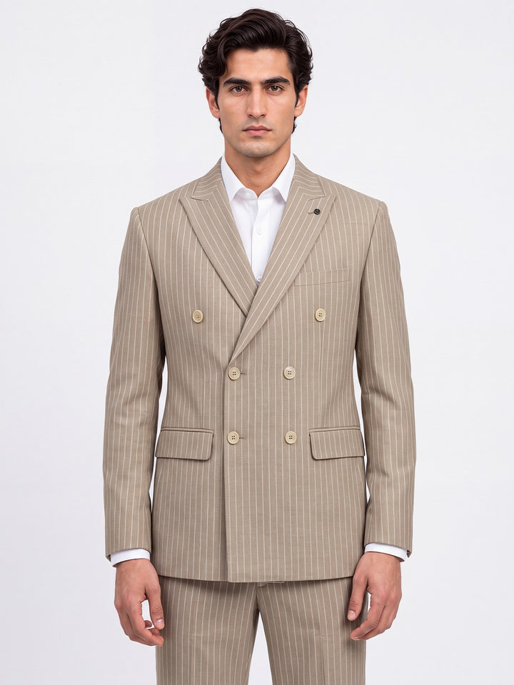 Fawn Striped Slim Fit Lapel Collar Double Breasted Casual Blazer
