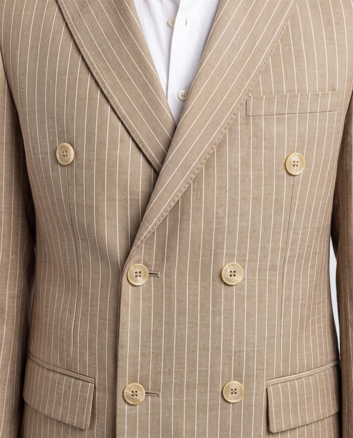 Fawn Striped Slim Fit Lapel Collar Double Breasted Casual Blazer