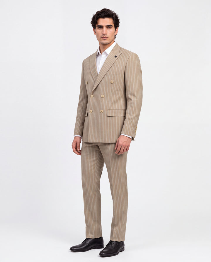 Fawn Striped Slim Fit Lapel Collar Double Breasted Casual Blazer
