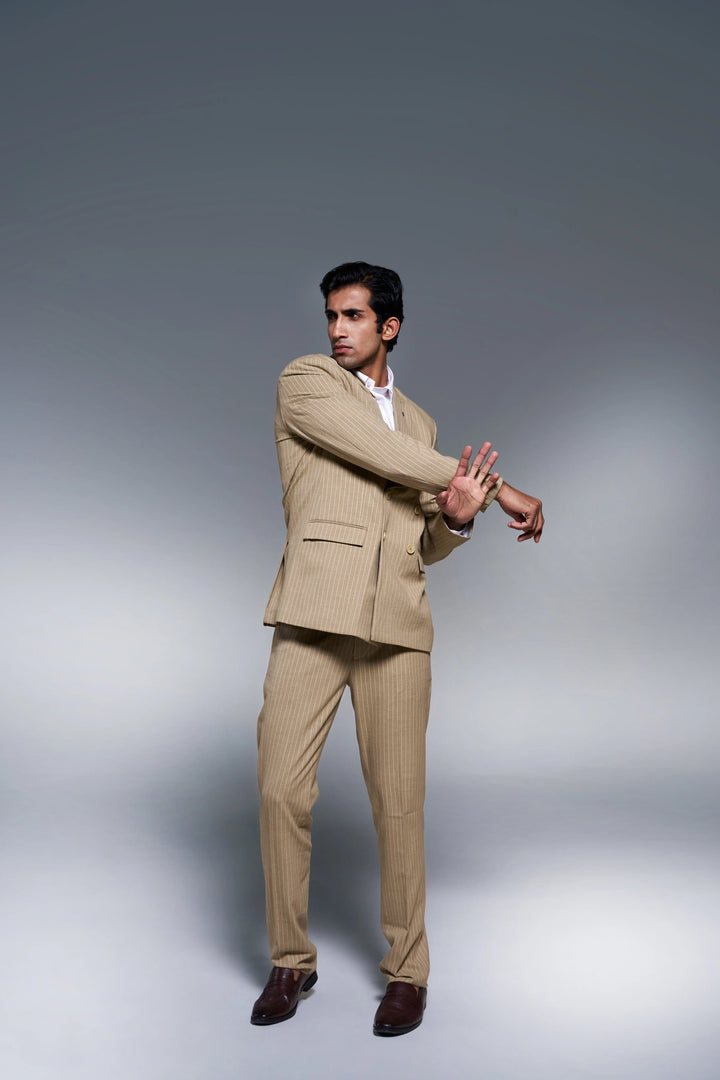 Fawn Striped Slim Fit Lapel Collar Double Breasted Casual Blazer
