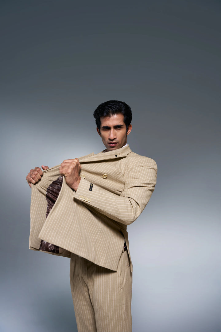 Fawn Striped Slim Fit Lapel Collar Double Breasted Casual Blazer