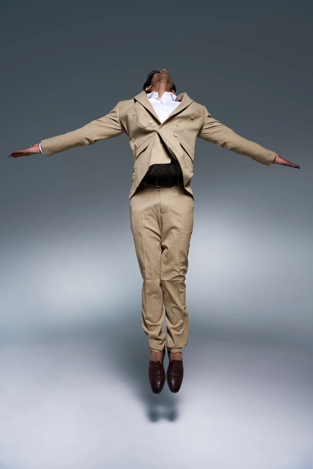 Fawn Striped Slim Fit Lapel Collar Double Breasted Casual Blazer