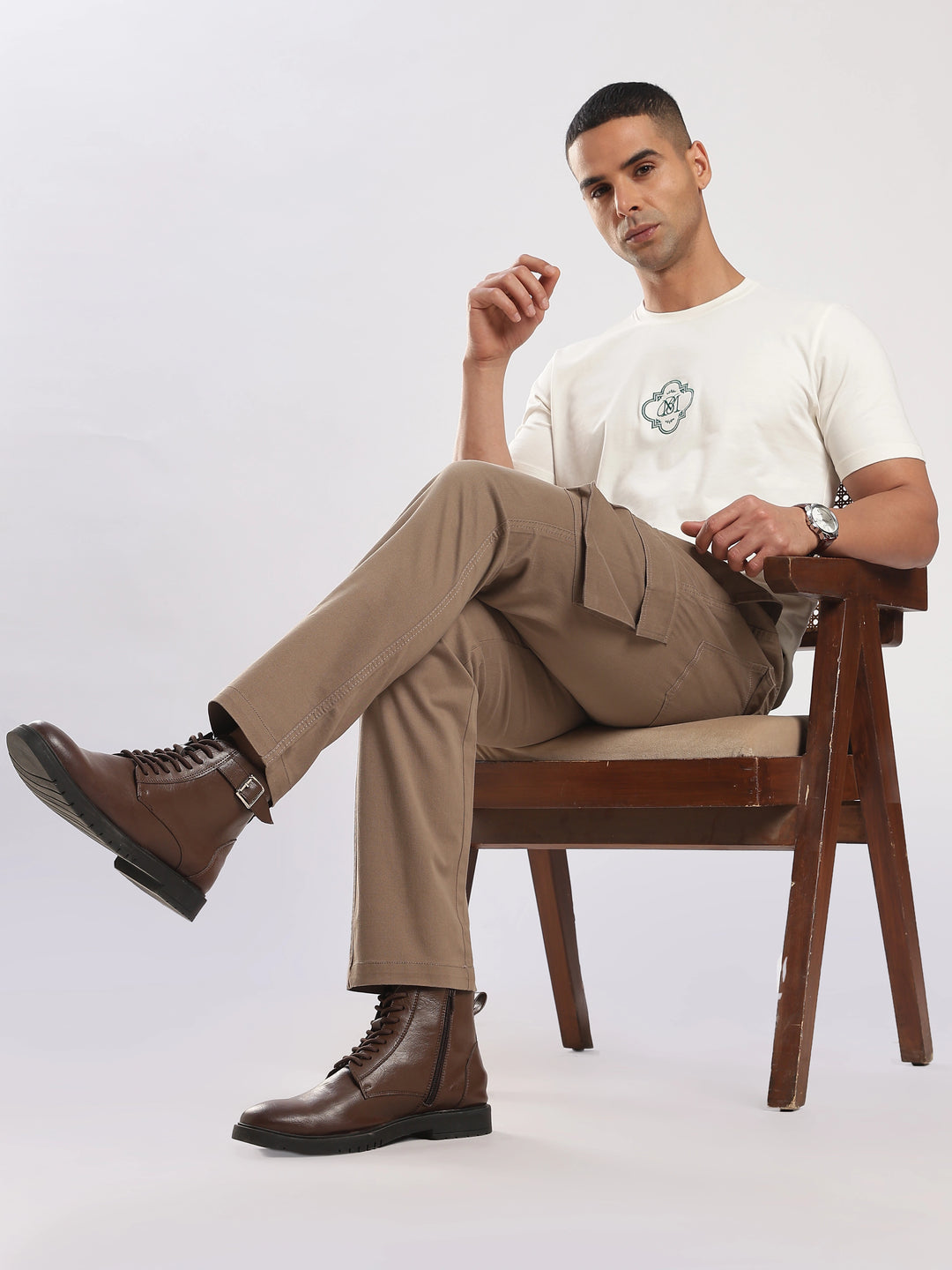 Brown Cotton Regular Fit Cargo Pant